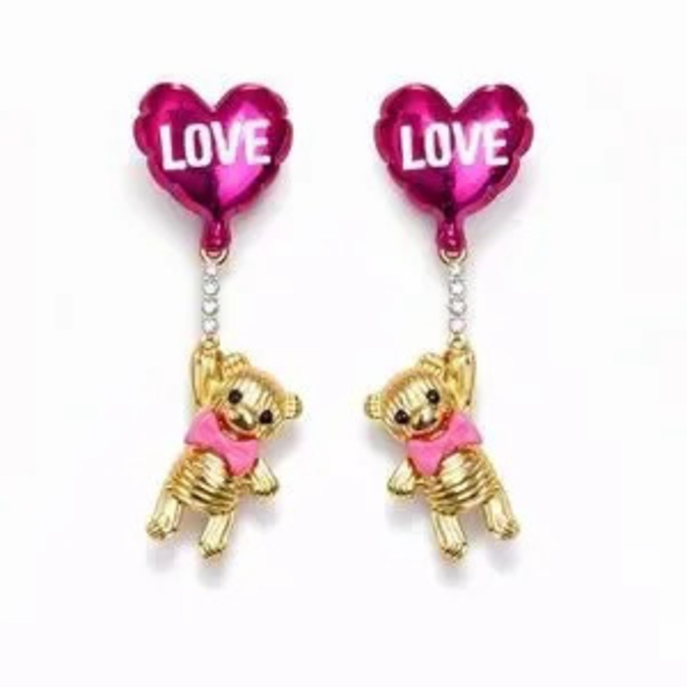 Pink Heart Love Earrings with Teddy Bear Charm